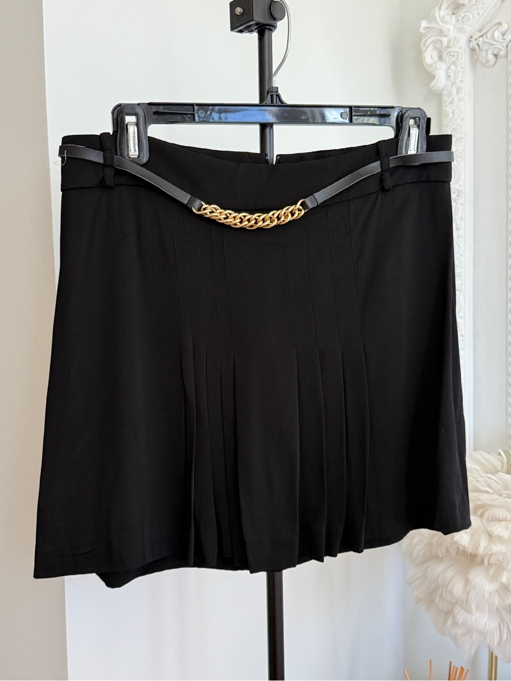Zara Black Pleated Mini Skirt with Gold Chain Belt
